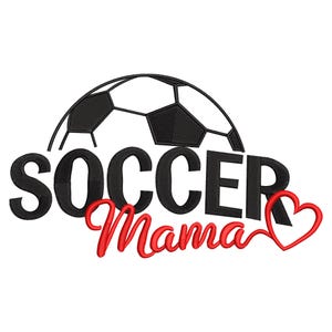 May include: Black and red embroidered design featuring a soccer ball and the words "SOCCER Mama" with a heart symbol. The design is on a white background, suitable for apparel or accessories.