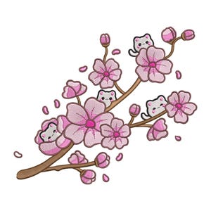 May include: Embroidered design of a flowering cherry blossom branch with pink blossoms, buds, and falling petals. Small white cats with black outlines peek out from behind the flowers. The branch is brown, set against a white background.