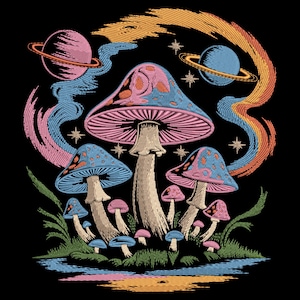 May include: Embroidered design featuring colorful mushrooms with pink, blue, and orange caps, set against a black background. The design includes planets, stars, and a rainbow-like arc, creating a whimsical, psychedelic theme.
