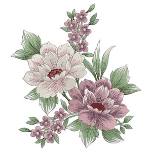 Puede incluir: Un diseño floral detallado con dos flores grandes en tonos rosa y crema, con centros rojo oscuro. Hojas verdes y flores rosas más pequeñas completan el arreglo. El diseño está sobre un fondo blanco.