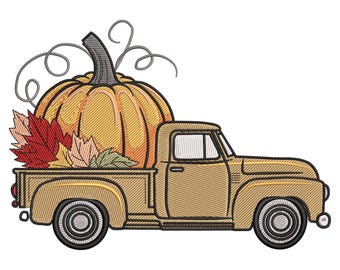Disegno da ricamo a forma di camion con zucca d'epoca – File autunnale per macchina da cucire per asciugamani, borse e decorazioni per il Ringraziamento