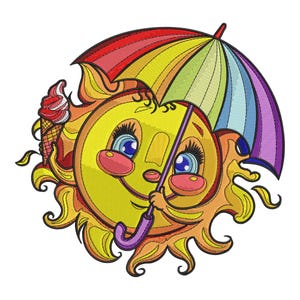 May include: Embroidered design of a smiling sun with blue eyes, rosy cheeks, and a rainbow umbrella. The sun holds a red and white ice cream cone. The sun has yellow and orange rays.