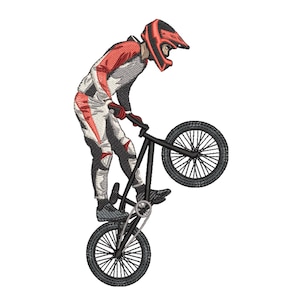 May include: An embroidered design of a BMX rider performing a wheelie. The rider is dressed in a red and white racing suit and helmet. The BMX bike is black with black tyres. The image is set against a white background.