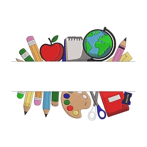 Könnte beinhalten: Ein gesticktes Design mit Schulmaterialien. Enthält Bleistifte, einen roten Apfel, einen Notizblock, einen Globus, eine Farbpalette, eine Schere und ein rotes Notizbuch. Das Design ist in einem farbenfrohen Cartoon-Stil gehalten, ideal für Schulanfangsprojekte.