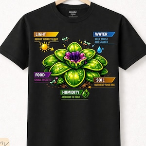 Può includere: T-shirt nera con una grafica colorata di una pianta con le parole "LIGHT", "WATER", "FOOD", "SOIL" e "HUMIDITY". Il testo "BLACK premium cotton" è in basso.