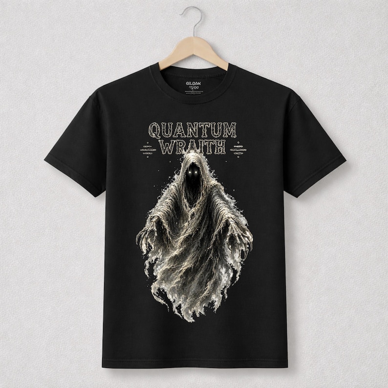 以下が含まれることがあります： 黒いTシャツ。光る目と流れるマントを持つ幽霊のような姿のグラフィック。テキスト「QUANTUM WRATH」がその上に表示されています。Tシャツは木製のハンガーに掛けられています。