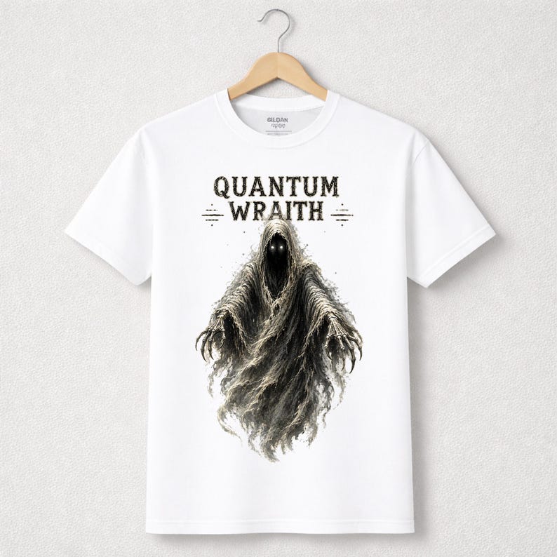 以下が含まれることがあります： 「QUANTUM WRAITH」の文字と、光る目と鉤爪の手を持つフード付きの人物のイラストが描かれた白いTシャツ。 グラフィックはグレーと黒の色合いです。