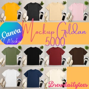 May include: A collection of Gildan 5000 t-shirt mockups in various colors, including yellow, black, beige, pink, green, red, brown, white, and navy blue. Each shirt is displayed with a pair of white sneakers, a game controller, and a smartphone. The image includes the text "Canva 11 Mockup" and "Brewdailytees".