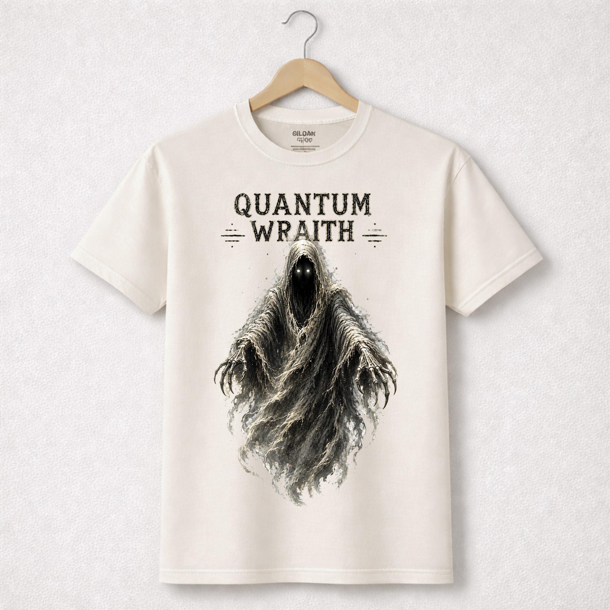 以下が含まれることがあります： オフホワイトのTシャツ。フード付きの人物が、光る目と爪のある手で描かれています。「QUANTUM WRAITH」の文字がゴシック体で人物の上に印刷されています。木製のハンガーにTシャツが掛けられています。
