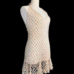 Handmade Mesh Crochet Beaded Halter Dress – Beige with Pastel Accents Size SM/ML