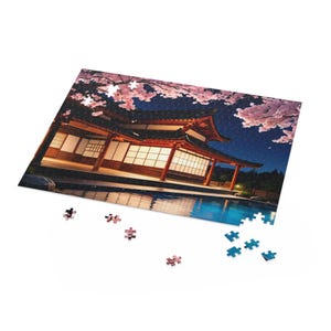 Serene Nighttime Puzzle, Cherry Blossom Scene, Relaxing Home Activity, 120/252/500-Piece Options, Ideal Gift for Puzzle Lovers