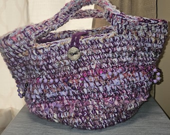 Handmade Royal Purple Beaded Crochet Tote Bag / Bohemian Decorative Storage Basket / Large Plarn Boho Home Decor