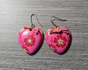 Wooden Hibiscus Heart Earrings