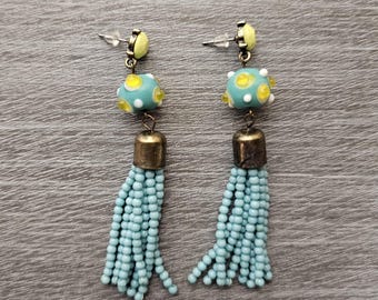 Blue and Yellow Beaded Tassel Earrings