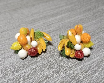 Vintage Glass Fruit Salad Clip-On Earrings
