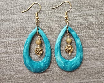 Gold and Teal Teardrop Earrings