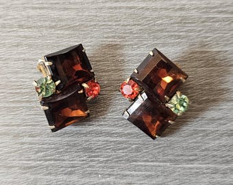 Vintage Rootbeer Topaz Clip On Earrings / 1960's Mid Century Statement Earrings / Glass Rhinestone Jewelry