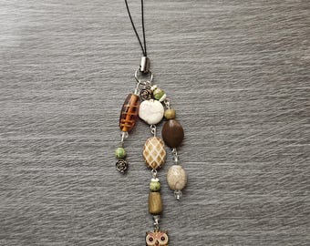 Handmade Upcycled Owl Phone Charm / Quirky Academia Bag Charm / Earth Tone Beaded Accessories