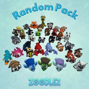 May include: A collection of colorful, miniature animal figurines, including a giraffe, panda, and lobster, arranged on a light blue background. The text "Random Pack" is displayed above the figurines, and the brand name "Zoodlez" is at the bottom.