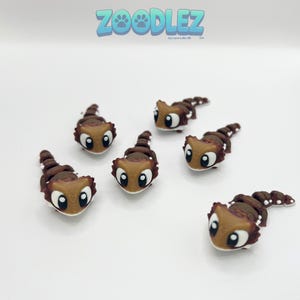 May include: Six brown and white Zoodlez figurines with large, expressive eyes are scattered on a white surface. The figurines have a segmented body and a stylized animal appearance. The Zoodlez logo is visible in the background.