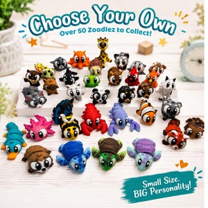 May include: A collection of small, colorful animal figurines known as Zoodlez, featuring various creatures like a giraffe, octopus, turtle, and bee. The text Choose Your Own Over 50 Zoodlez to Collect! and Small Size. BIG Personality! is visible.