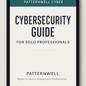 May include: A digital tablet displays a cybersecurity guide. The title reads "Cybersecurity Guide for Solo Professionals" with the Patternwell Cyber logo at the top and Patternwell's tagline at the bottom: "Digital Guides for Independent Professionals."