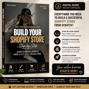 Peut inclure: Un guide numérique intitulé Build Your Shopify Store proposant une méthode étape par étape pour débutants. La couverture affiche du texte sur la création, le lancement et le développement d'une boutique en ligne, avec des icônes dédiées.