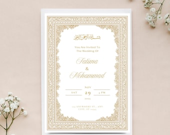 Islamic Wedding Invitation Template, Nikkah Invitation, Digital Muslim Wedding Invitation, Printable White and Gold Invitation Card