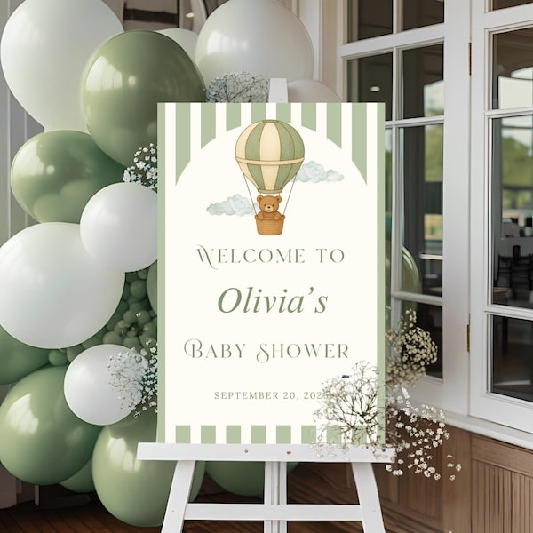 Letrero de bienvenida para baby shower en verde salvia, globo aerostático con osito de peluche, letrero imprimible y editable de 45 x 60 cm y 60 x 91 cm, decoración neutra para baby shower.
