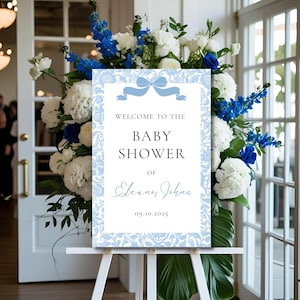 Blue Bow Welcome Sign, Blue Baby Shower Welcome Sign Printable Template, Floral Blue Baby Boy Shower Sign, Boy Baby Shower Welcome Board