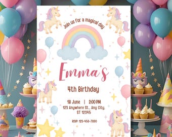 Unicorn Birthday Invitation, Editable Rainbow Template, Magical Party Invite, Instant Download, Girls Pastel Rainbow Unicorn Birthday Invite