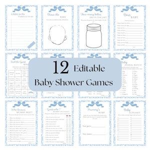 Editable Blue Bow Baby Shower Games Bundle, Bow Baby Shower, Boy Baby Shower Games Pack, Instant Download, Blue Baby Shower Games for Boys
