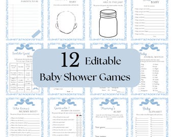 Editable Blue Bow Baby Shower Games Bundle, Bow Baby Shower, Boy Baby Shower Games Pack, Instant Download, Blue Baby Shower Games for Boys