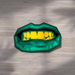 Blauwgroene lippen met gouden tandensticker, gedurfde pop-art, kleurrijk mondontwerp, edgy glamour