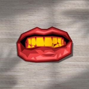 Sticker rode lippen met gouden tanden, gedurfde pop-art, kleurrijk mondontwerp, edgy glamour