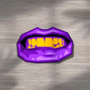 Sticker paarse lippen met gouden tanden, gedurfde pop-art, kleurrijk mondontwerp, edgy glamour