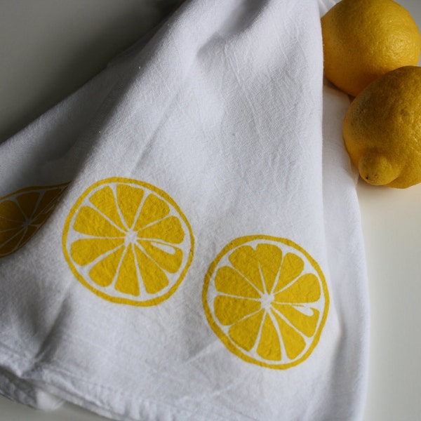 Lemon Kitchen towel hand screened Flour sack Towel Yellow
