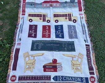 Vintage School Classroom Books Bus Blackboard Teacher Tapestry ThrowBlanket68x46