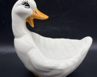 Vintage MCM Ceramic Duck Goose Soap Dish Cottage Core White Yellow