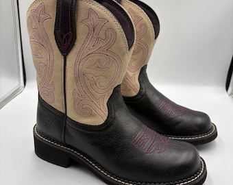 Ariat Fat Baby II Womens Cowboy Boots Size 9.5 B Black & Purple Cream Round Toe