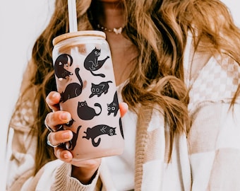Black Cat Glass Tumbler, Cat Glass Tumbler, Black Cat Coffee Glass, Cat Lover Gifts, Halloween Cats, Black Cat Gifts, Black Cat Glass Cup