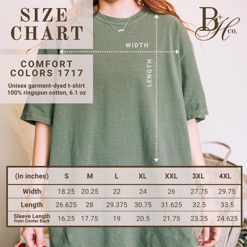 May include: A size chart for a unisex garment-dyed t-shirt in olive green. The chart displays measurements in inches for width, length, and sleeve length from the center back, ranging from size S to 4XL. The shirt is made of 100% ringspun cotton and weighs 6.1 oz.