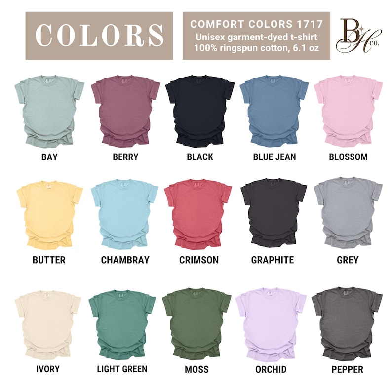 Pode incluir: Exibi&ccedil;&atilde;o de camisetas unissex Comfort Colors tingidas em pe&ccedil;a, em v&aacute;rias cores, incluindo Bay, Berry, Black, Blue Jean e Blossom. A imagem tamb&eacute;m mostra Butter, Chambray, Crimson, Graphite, Grey, Ivory, Light Green, Moss, Orchid e Pepper. As camisetas s&atilde;o 100% algod&atilde;o ringspun, 172 gramas.