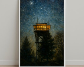 May include: A framed art print of a fire watchtower at night. The tower is silhouetted against a starry sky, with a warm light emanating from the cabin. Trees surround the tower, creating a sense of depth and isolation.