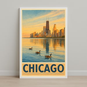 Chicago Skyline Wall Art - Vintage Watercolor Printable - Lake Michigan Sunset Cityscape - Digital Download Chicago Poster Decor