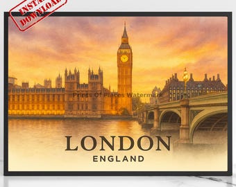 夕暮れのビッグベン - ロンドン、イギリス ウォールアートプリント | ヴィンテージ水彩画旅行ポスター | ウェストミンスターのスカイライン装飾（3:2 比率）