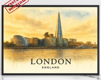 Modern London Skyline Wall Art – Watercolor Print of The Shard & Southbank – Printable Digital Art, London England Travel Poster