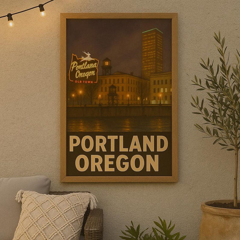 Vintage Portland Oregon Poster – Old Town Neon Sign Night Scene | Retro ...