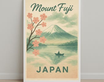 May include: A framed vintage travel poster featuring Mount Fuji in Japan. The poster has a serene landscape with a snow-capped mountain, a lake, and a small boat. Cherry blossoms and the word "Mount Fuji" are at the top, and "JAPAN" is at the bottom.