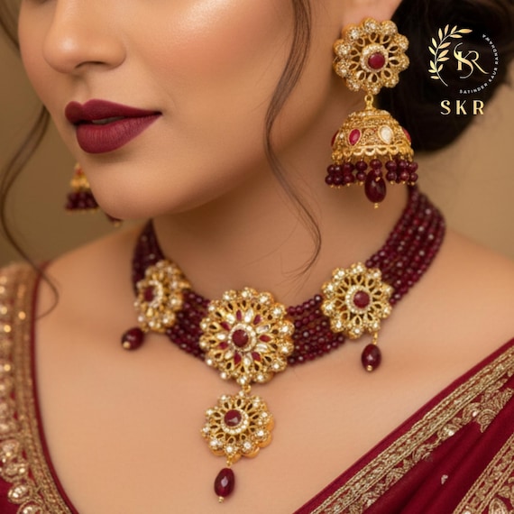 Ruby Red Beaded Choker Set | Kundan Necklace with Jhumka Earrings | Gold Plated Indian Bridal Jewelry | Pakistani Sangeet Party Wear Set